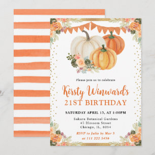 Orange Floral Pumpkins Fall 21st Birthday Invitation
