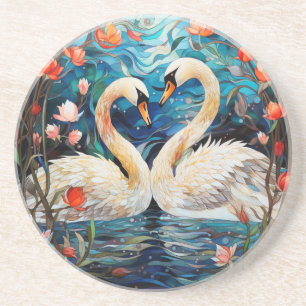 Orange Floral Romantic Swans Stained Glass Coaster