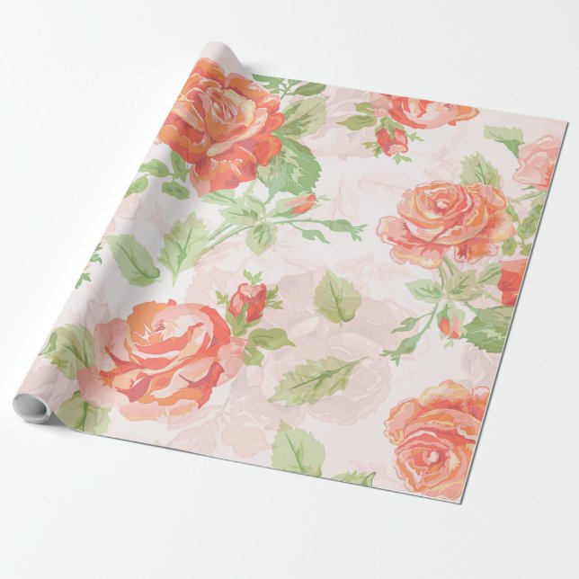 Orange floral rose flower wrapping paper (Unrolled)