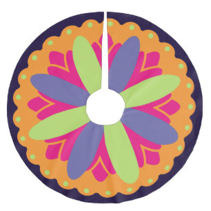Orange floral shapes illustration brushed polyester tree skirt