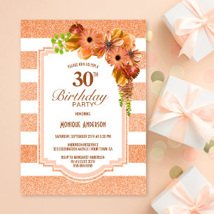 Orange Floral Striped 30th Birthday Party Invitation
