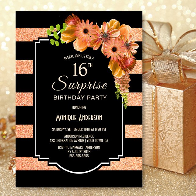 Orange Floral Surprise 16th Birthday Party Invitation (Creator Uploaded)