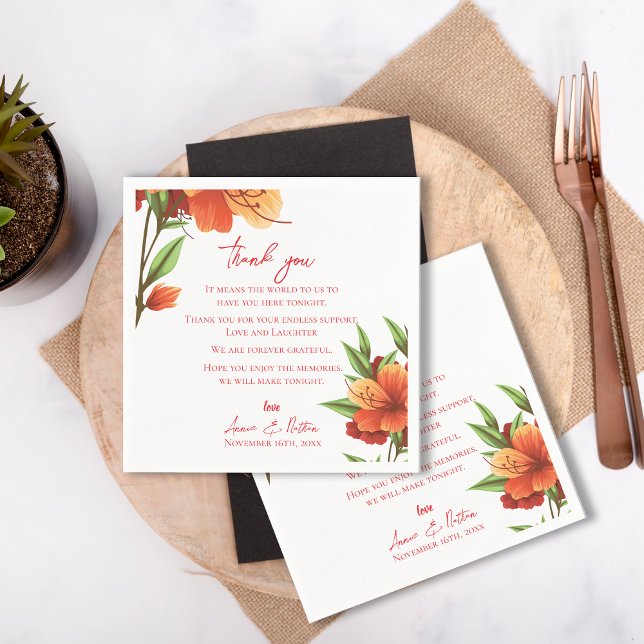 Orange Floral Trendy Wedding Thank you Message Napkin (Orange Floral Trendy Wedding Thank you Message Napkins)