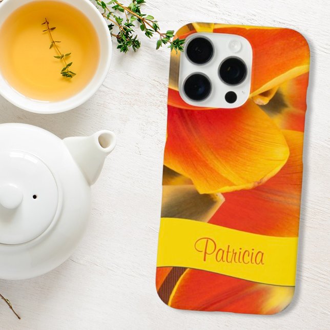 Orange Floral Tulip Flower Petals Custom Name Case-Mate iPhone Case (Phone case back with template text)