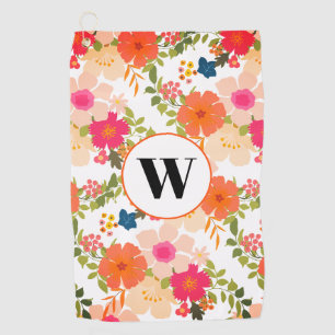 Orange Floral Watercolor Monogram  Golf Towel