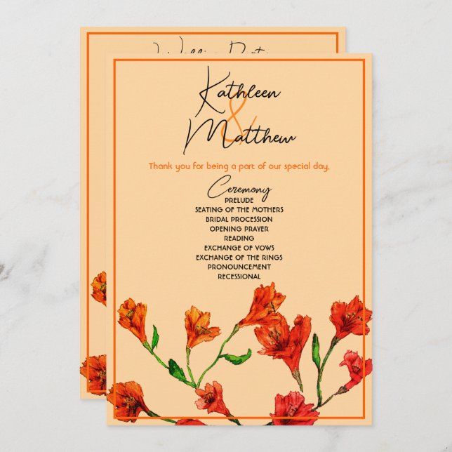 Orange Floral Watercolor Wedding Program (Front/Back)