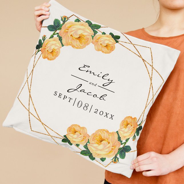 Orange Floral Wed Elegant Gold Glitter Geometric Throw Pillow (Creator Uploaded)