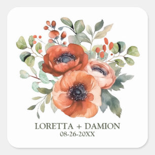 Orange Floral Wedding Square Sticker