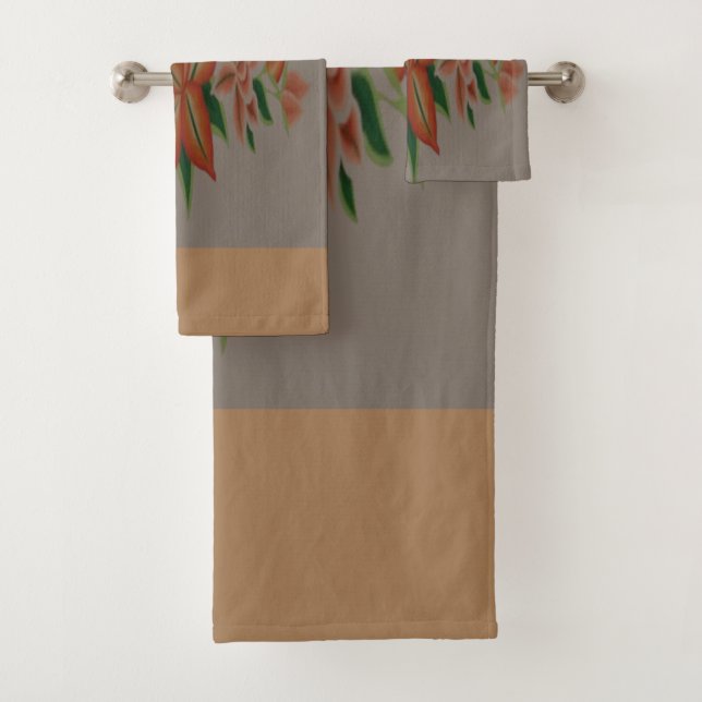 Orange floral with grey and sandy brown bath towel set (Insitu)