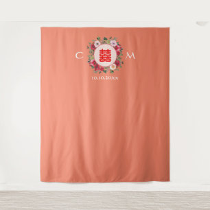 Orange floral wreath Chinese wedding backdrop Tapestry