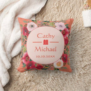 Orange floral wreath Chinese wedding tea ceremony Throw Pillow