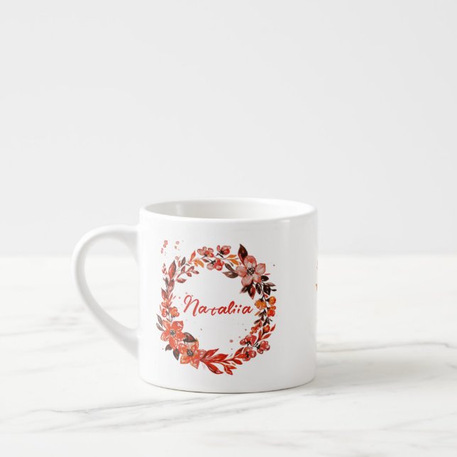 Orange Floral Wreath Custom Name  Espresso Cup (Left)