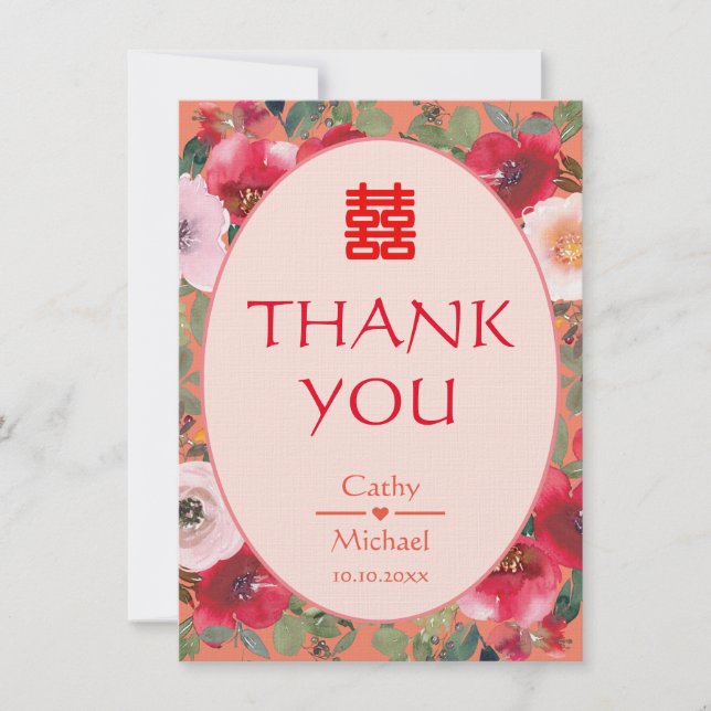 Orange floral wreath red flowers Chinese wedding  Thank You Card (Front)