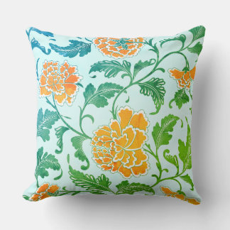Orange Florals and Greenery on Light Blue Throw Pillow