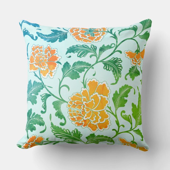 Orange Florals and Greenery on Light Blue Throw Pillow (Front)