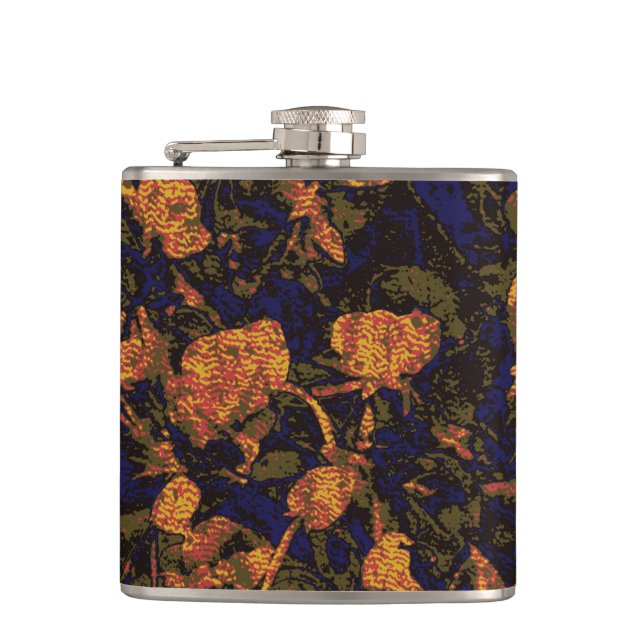 Orange flower against leaf camouflage pattern hip flask (Front)