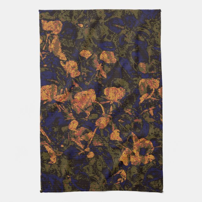 Orange flower against leaf camouflage pattern kitchen towel (Vertical)