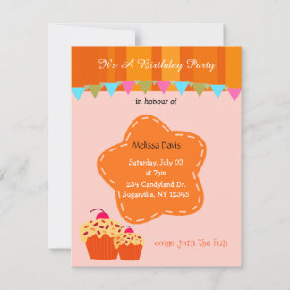 Orange Flower and Cupcake Birthday Invitation