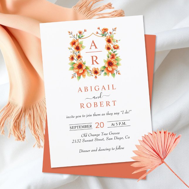 Orange flower crest and initials floral wedding invitation (Creator Uploaded)