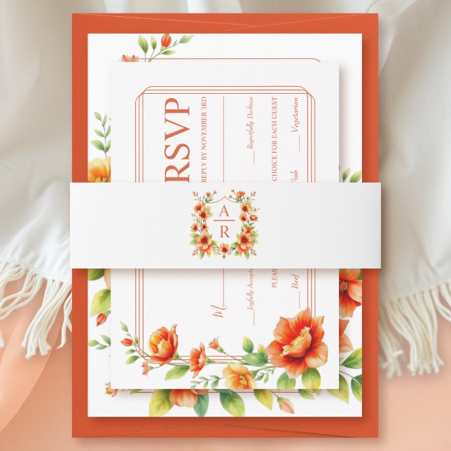 Orange flower crest and initials floral wedding invitation belly band (Creator Uploaded)