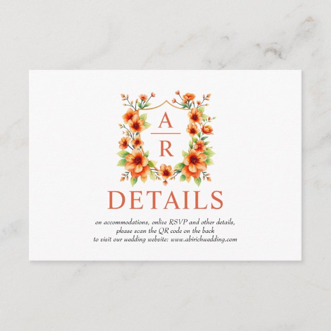 Orange flower crest and QR code floral wedding Enclosure Card (Front)