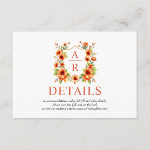 Orange flower crest and QR code floral wedding Enclosure Card