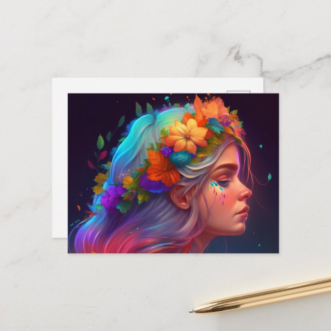 Orange Flower Crown Rainbow Girl Postcard (Front/Back In Situ)