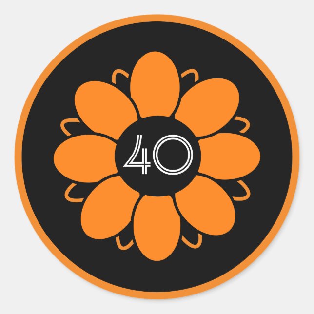 Orange Flower Design Pattern Birthday 40 Black Classic Round Sticker (Front)