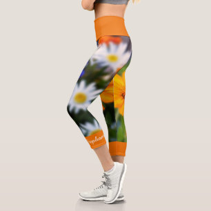 Orange Flower Floral Personalized Name Capri Leggings