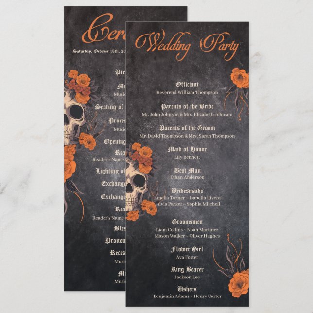 Orange flower gothic minimalist Wedding program (Front/Back)