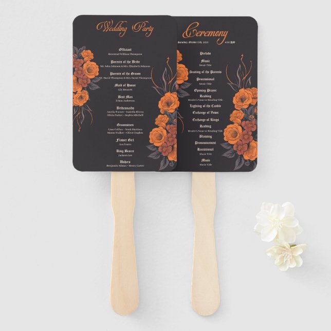 Orange flower gothic minimalist Wedding program Hand Fan (Front and Back)