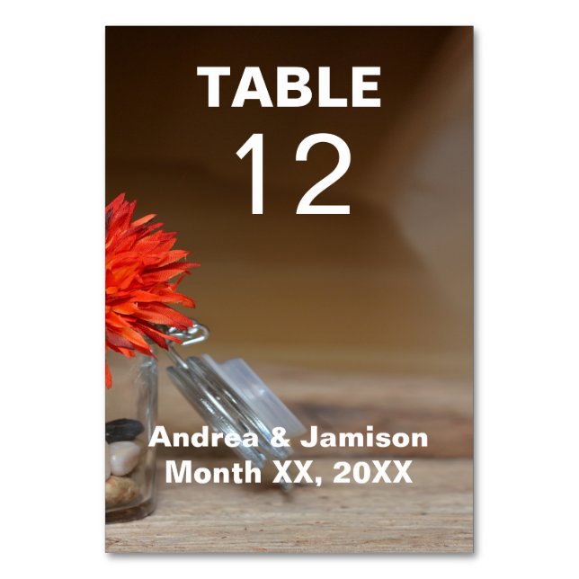 Orange Flower in Mason Jar Table Number (Front)