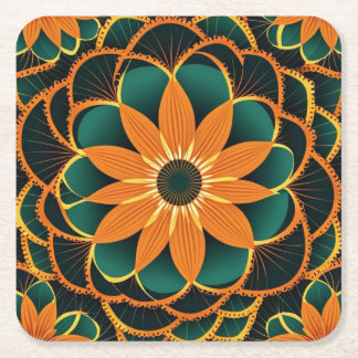 Orange Flower Kaleidoscope Square Paper Coaster