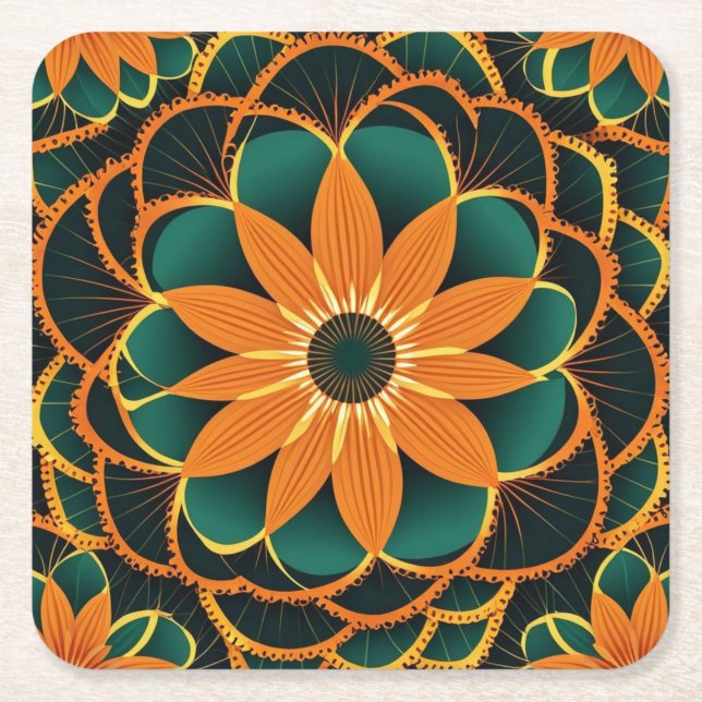 Orange Flower Kaleidoscope Square Paper Coaster (Front)