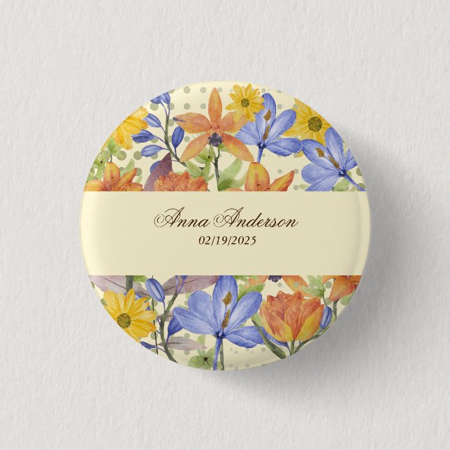 ORANGE FLOWER PATTERN 1 INCH ROUND BUTTON (Front)