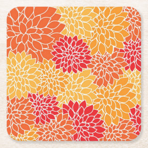 Orange Flower Pattern Square Paper Coaster