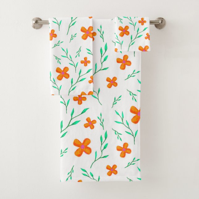 Orange Flower Watercolor Pattern Bath Towel Set (Insitu)