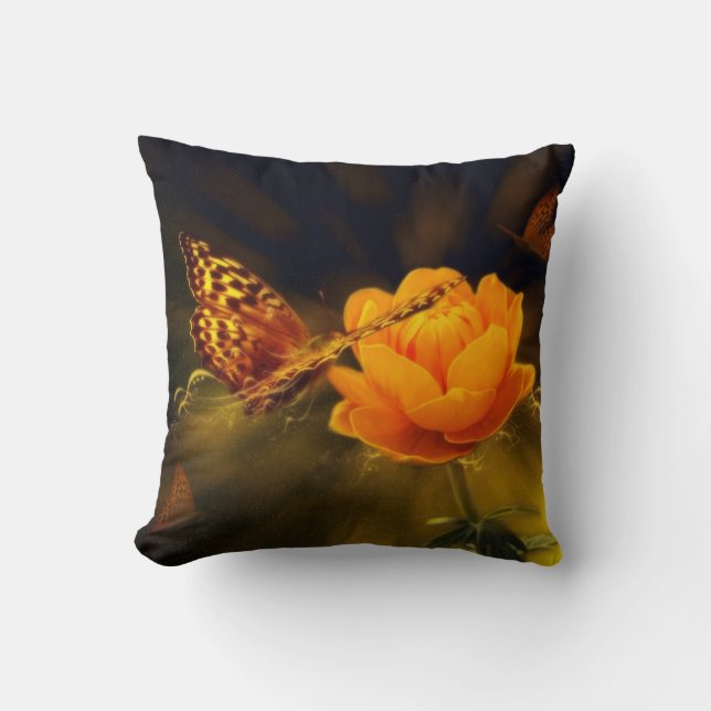 Orange Flower with Butterflies Throw Pillow (Front)
