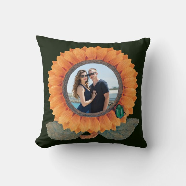 Orange Flower with Green Bug Custom Couple Photo Throw Pillow (Front)
