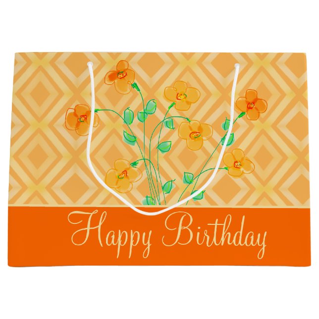 Orange Flowered Happy Birthday Large Gift Bag (Front)