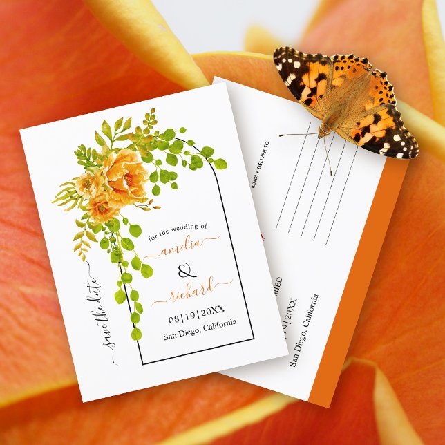 Orange flowers and arch fall wedding Save the Date Postcard (Creator Uploaded)