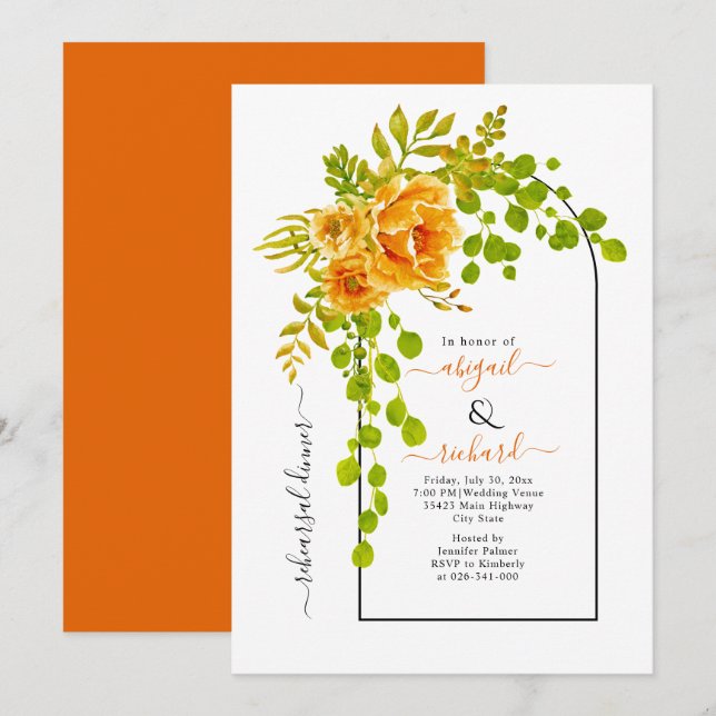 Orange flowers and arch wedding rehearsal dinner invitation (Front/Back)