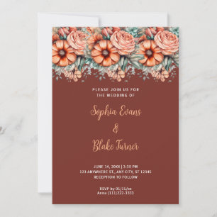 Orange Flowers and Greenery Brown Wedding Invitation