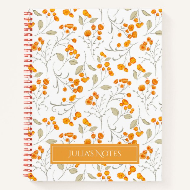Orange flowers and leafy branches pattern personal notebook (Front)