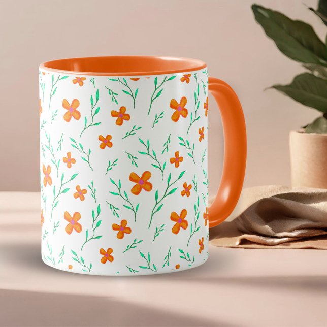 Orange Flowers and Twigs Watercolor Pattern Mug (Creator Uploaded)