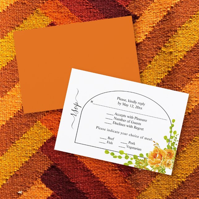 Orange flowers, arch and monogram fall wedding RSV RSVP Card (Creator Uploaded)