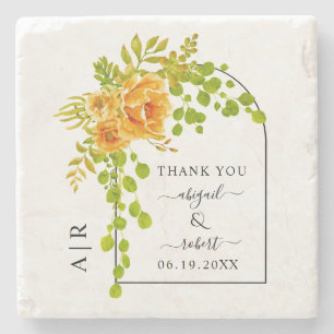 Orange flowers, arch and monogram fall wedding stone coaster