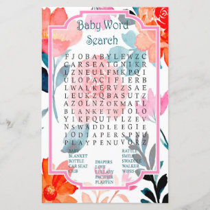 Orange flowers Baby Shower Word Search Game
