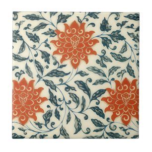 orange flowers - blue stem - Chinese pattern Tile