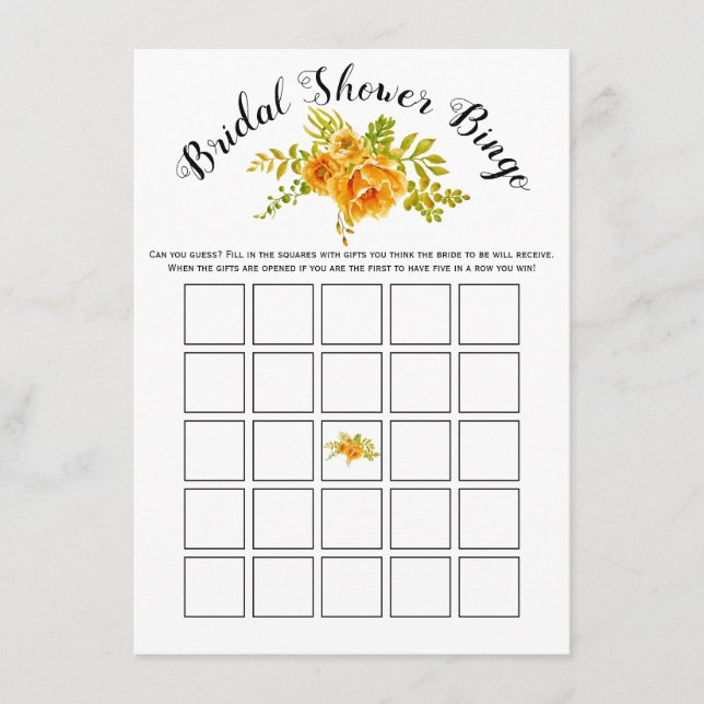 Orange flowers bridal shower bingo game card (Front)
